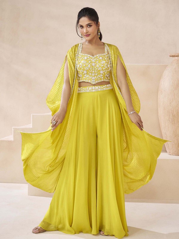 Yellow Real Georgette Shrug Style Sharara Choli